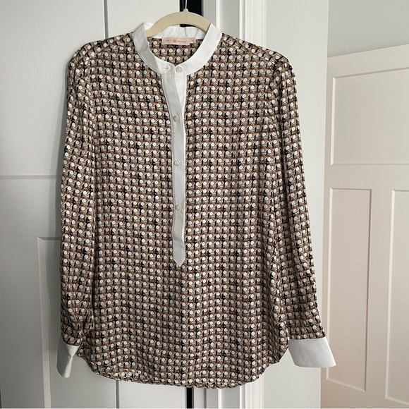 TORY BURCH Spencer Front Button Silk Blouse Classic Caramel Basketweave - Picture 2 of 5